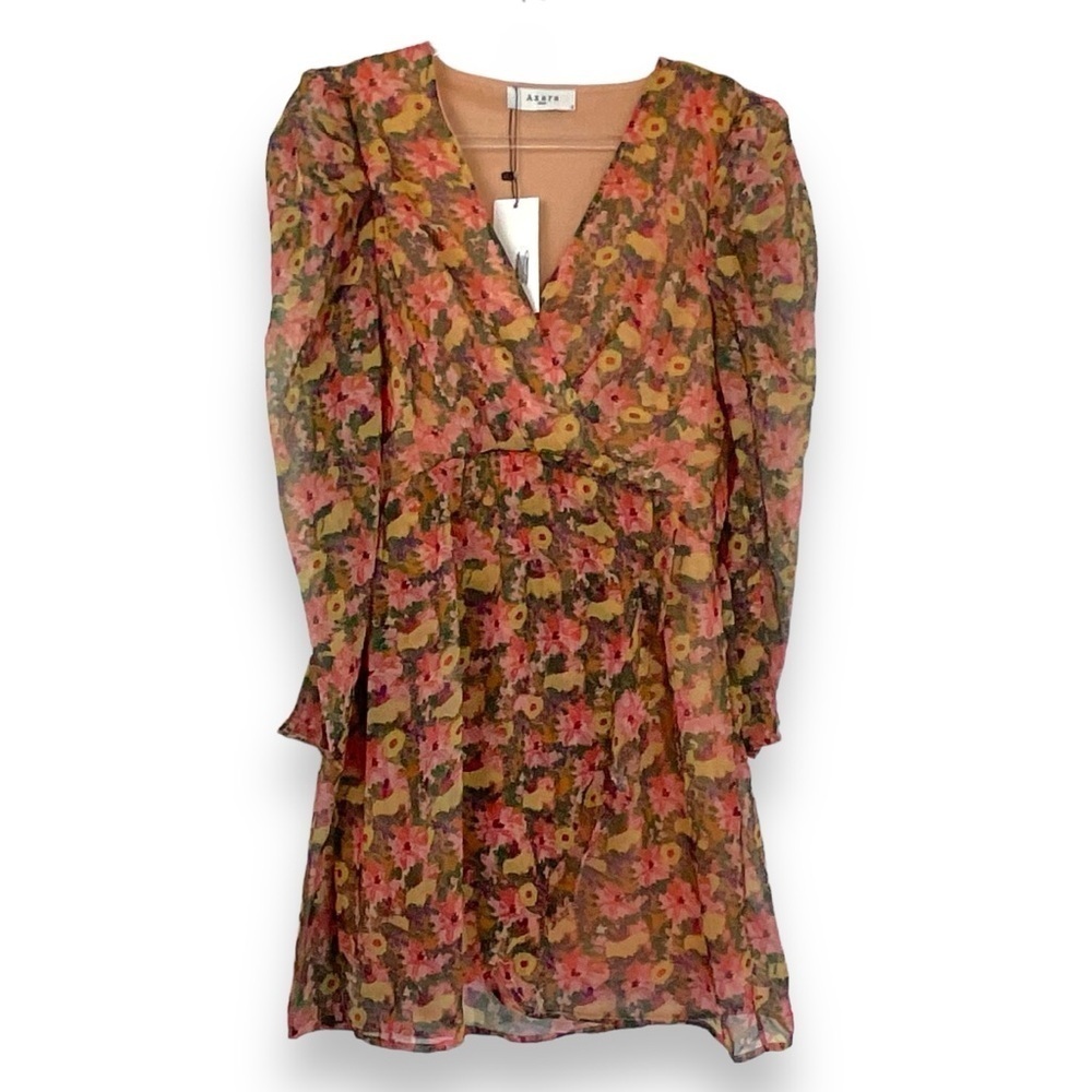 Axara Paris Dress Sheer Floral Neutral Lined Pink Yellow Flowers Midi Size S NWT